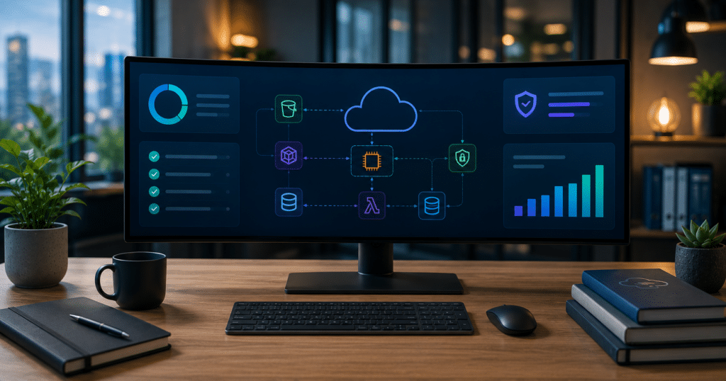 Breed headerbeeld van een modern bureau met groot scherm waarop een abstract cloudarchitectuur-dashboard met checklist, beveiliging en grafieken staat.
