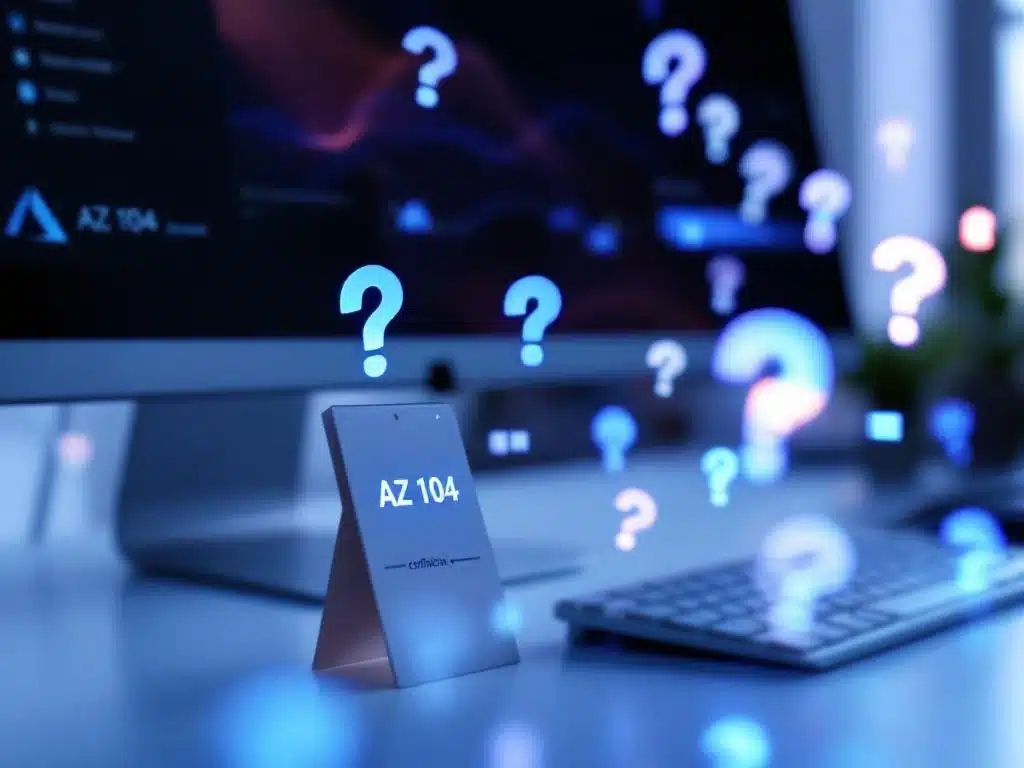AZ-104 certificeringsbadge op bureau naast toetsenbord met Azure portal op computerscherm en holografische vraagtekens