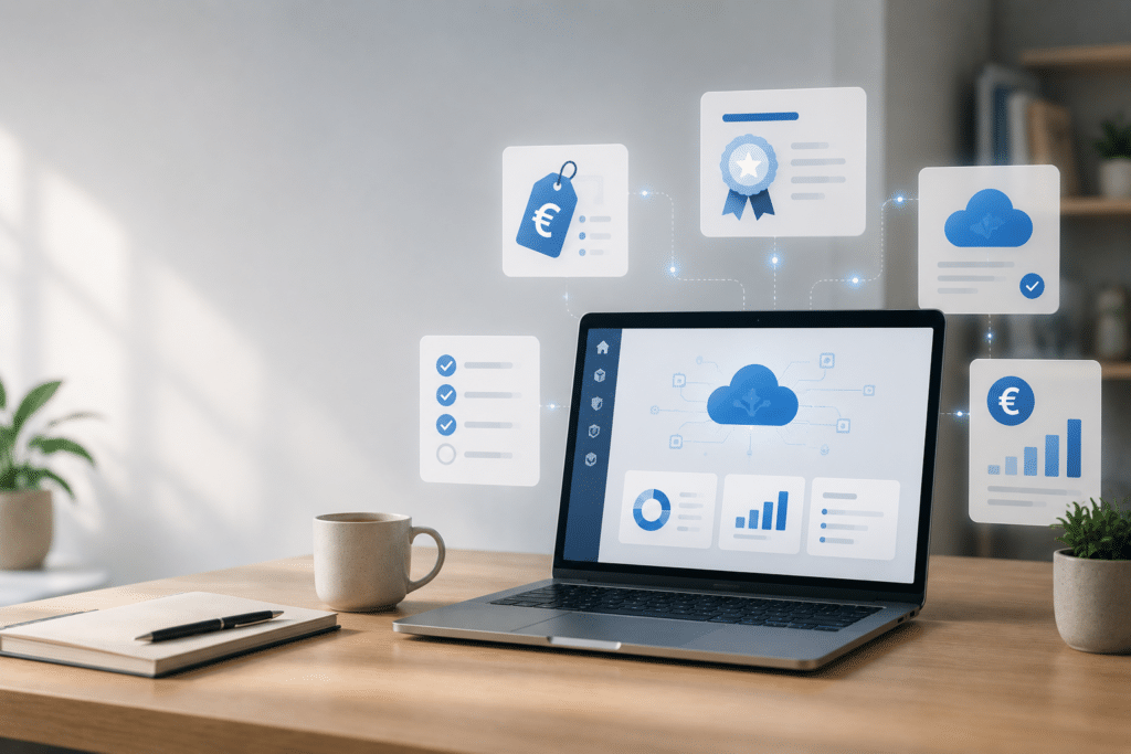 Laptop met cloud-dashboard, certificaat, checklist en kosteniconen als visualisatie van de voorbereiding op de AZ-900 certificering.