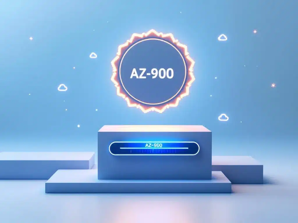 AZ-900 certificeringsbadge zweeft boven geometrisch oppervlak met blauwe voortgangsbalk en Azure cloud symbolen