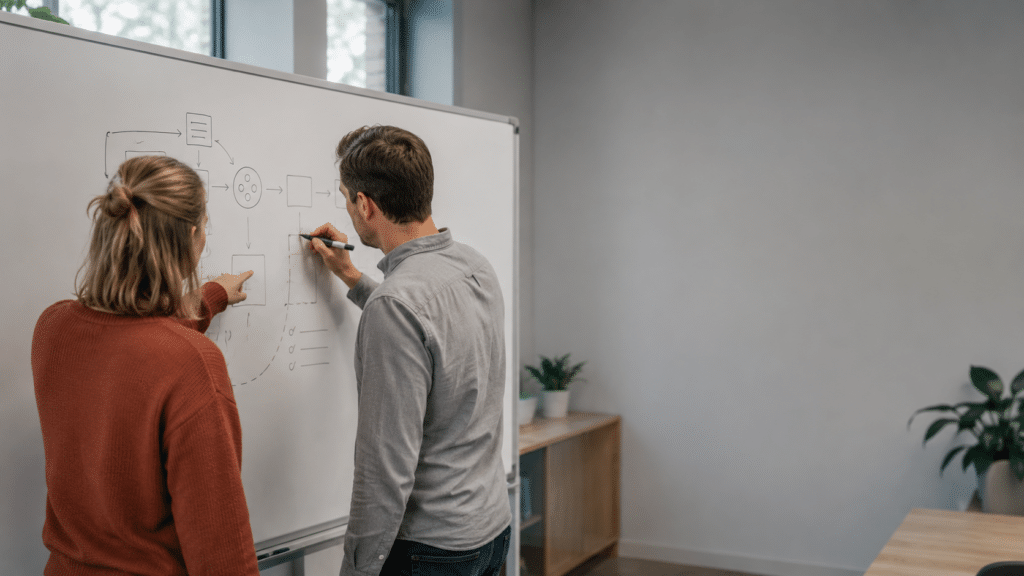 Twee collega's overleggen bij een whiteboard over hun vervolgstappen na AZ-900.