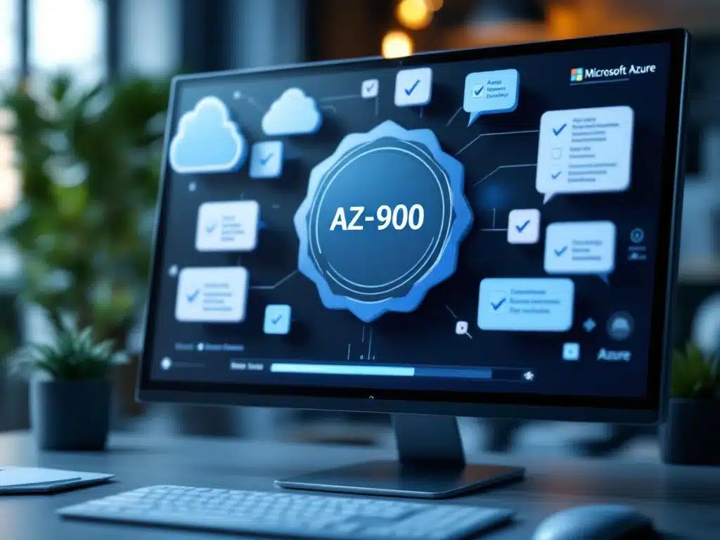 Computerscherm toont Microsoft Azure AZ-900 certificeringsinterface met meerkeuzevragen en voortgangsbalk