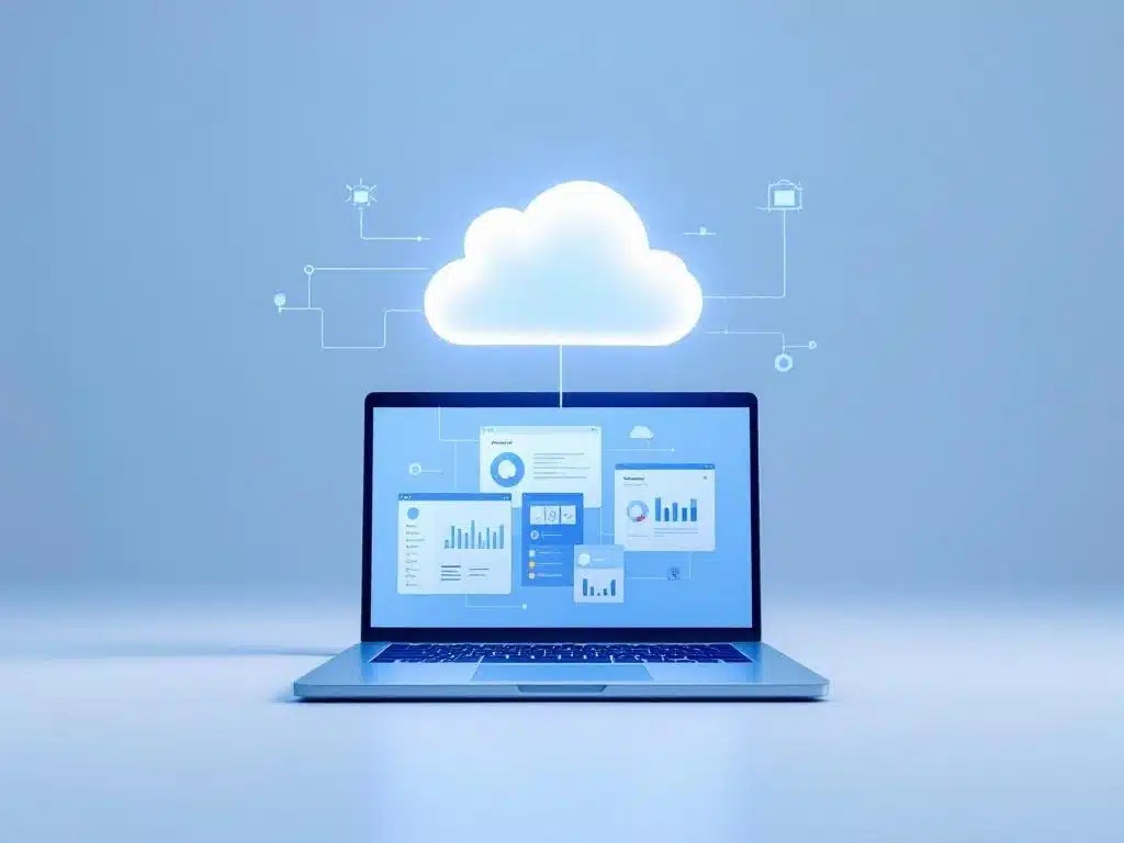 Azure cloud-pictogram boven laptop met dashboard-interface, verbonden door geometrische lijnen op witte achtergrond
