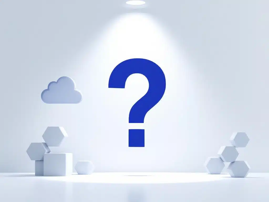 Groot blauw vraagteken met Azure cloudicoon en geometrische vormen op witte achtergrond voor IT certificering