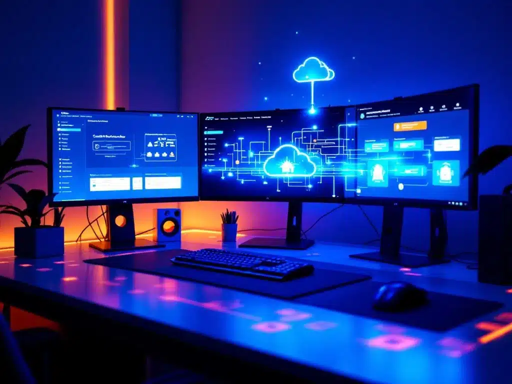 Moderne werkplek met meerdere monitoren die Azure cloudinfrastructuurdiagrammen en certificeringspaden tonen