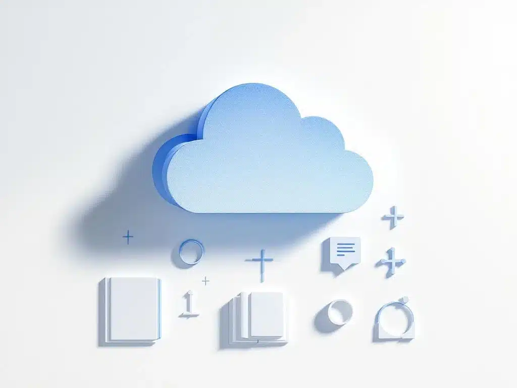 Azure cloudpictogram boven symmetrisch gerangschikte leerelementen zoals boeken en certificaten op witte achtergrond