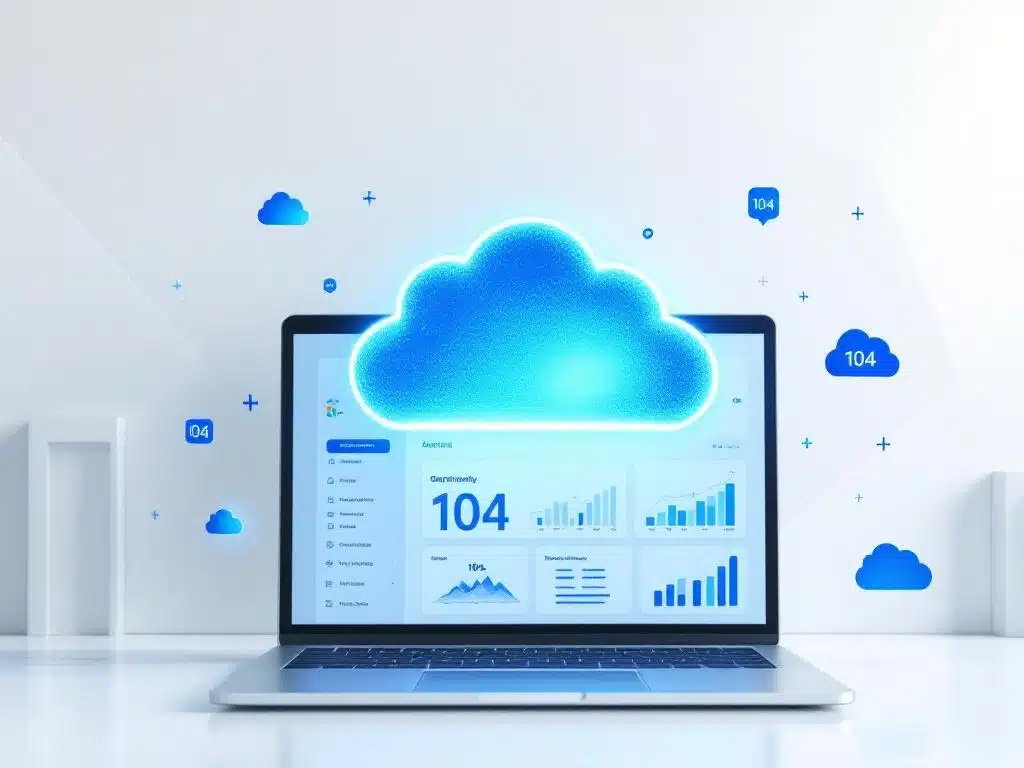 Azure cloud-pictogram boven laptop met dashboard, omringd door server- en monitoringiconen op witte achtergrond