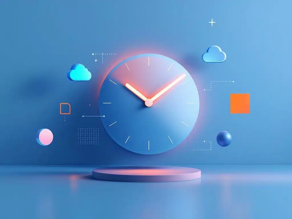Digitale klok drijvend in minimalistische 3D-ruimte met cloud computing iconen en blauw-oranje verlichting