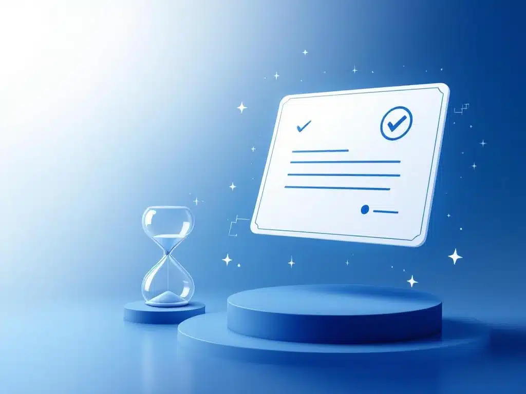 Digitaal certificaat met validatievinkjes en tijdselement in minimalistisch blauw-wit ontwerp voor IT-onderwijs