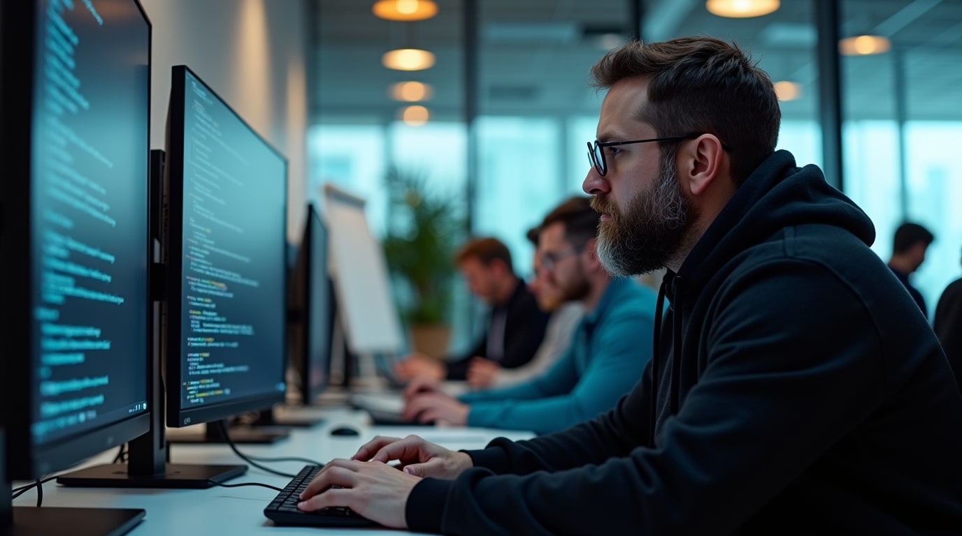 Een man met baard volgt een ethical hacker cursus.