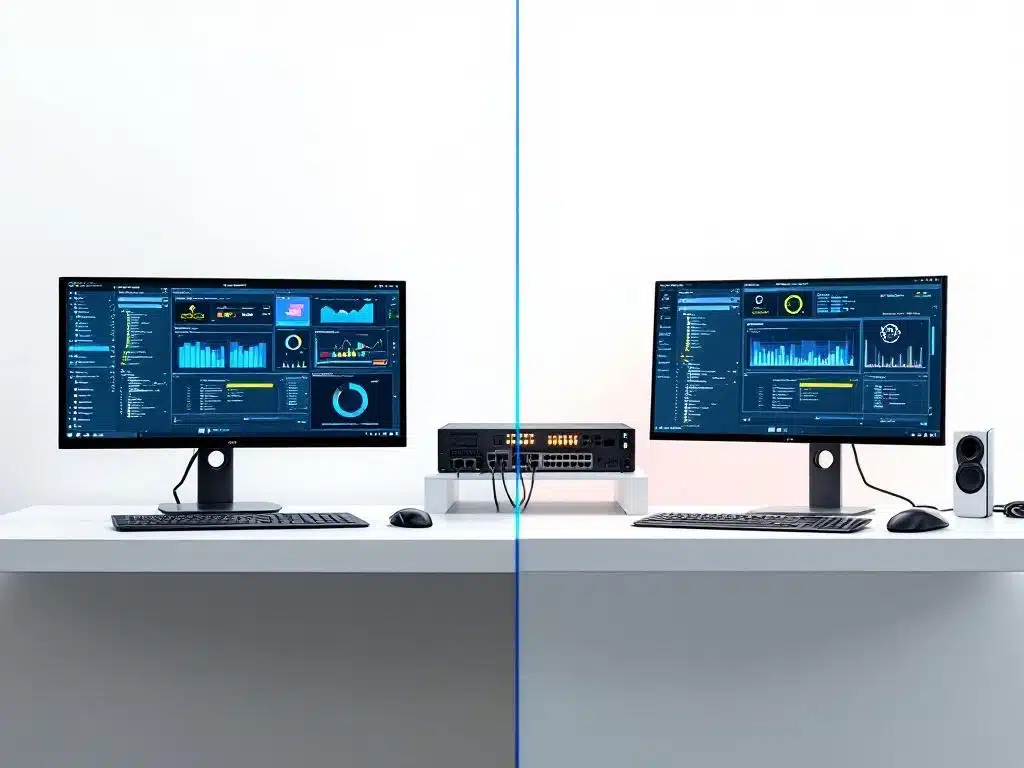 Gesplitste werkstations: desktop met meerdere monitoren en netwerkuitrusting met groene indicatoren op witte achtergrond