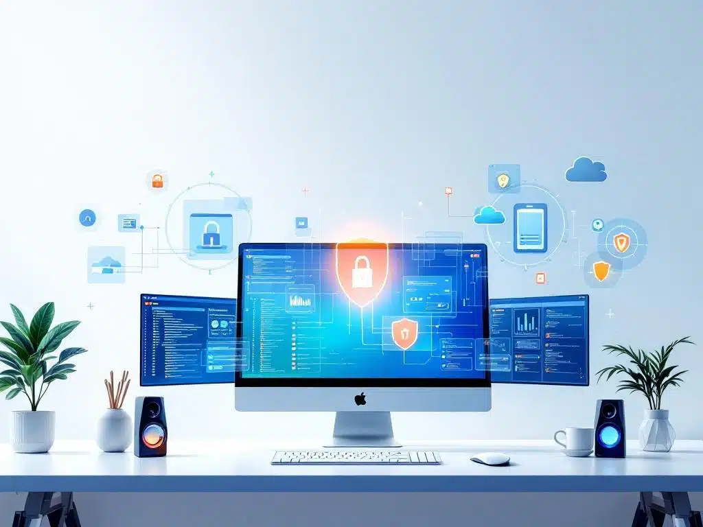 Moderne IT-werkplek met meerdere monitoren die netwerkdiagrammen en systeeminterfaces tonen in minimalistische stijl