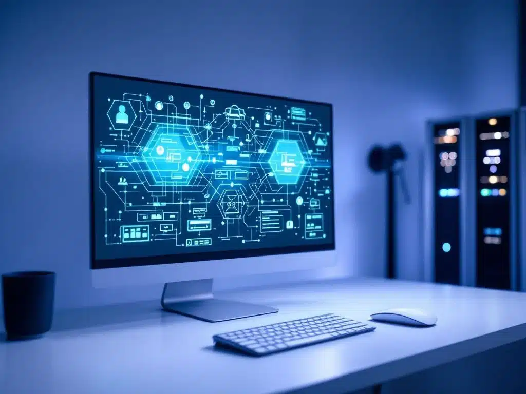 Minimalistische IT-werkplek met computermonitor die netwerkdiagrammen toont, serverapparatuur en draadloos toetsenbord