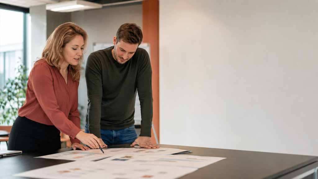 Twee IT-professionals vergelijken certificeringsroutes in een trainingsruimte.