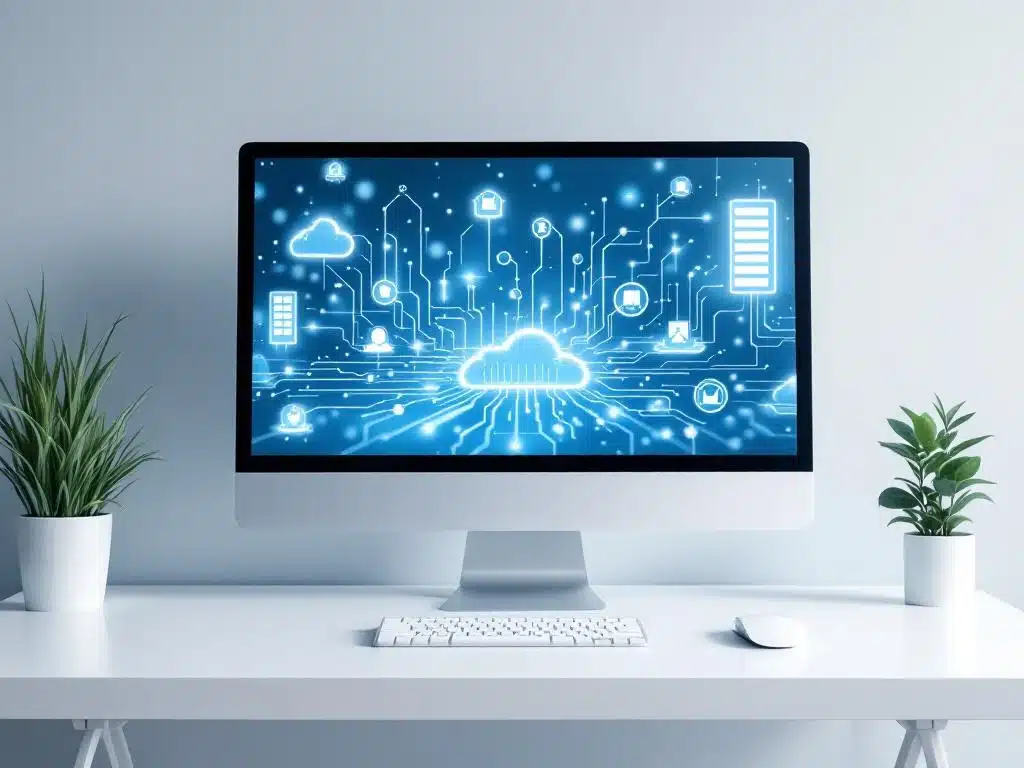 Computerscherm toont netwerkverbindingen en servericons op minimalistische werkplek met toetsenbord en muis