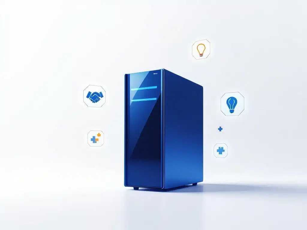 Blauwe servercomputer omringd door zwevende pictogrammen voor soft skills zoals communicatie en teamwork op witte achtergrond