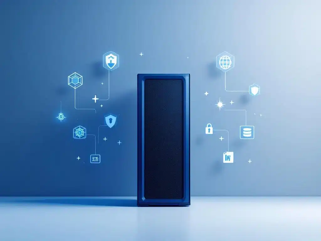 Computertoren met zwevende netwerkpictogrammen voor systeembeheer op blauwe gradiëntachtergrond