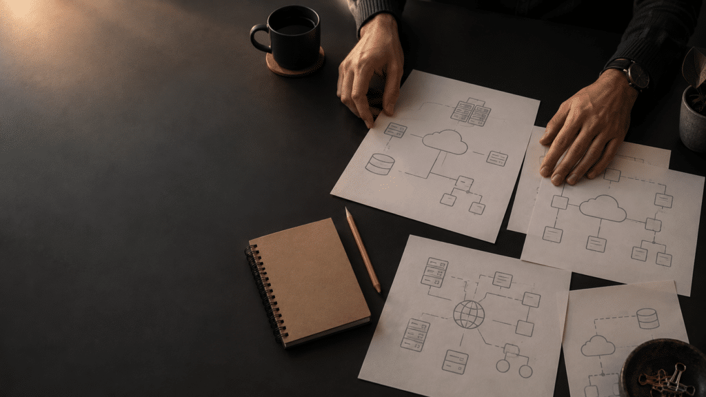 Handen ordenen schema’s van een cloud- en netwerkomgeving op een donkere overlegtafel.