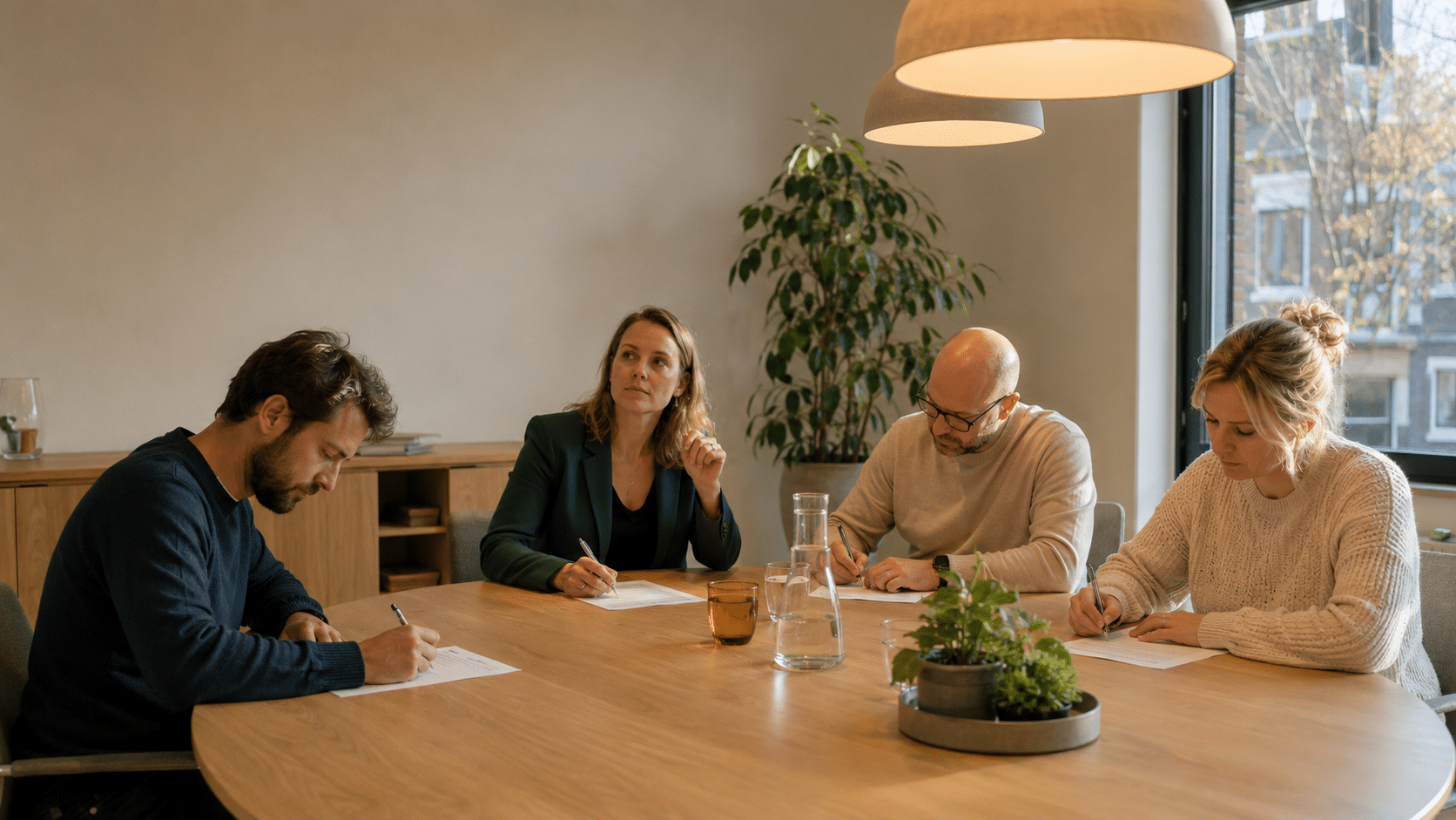 Vier collega’s vullen vragenlijsten in aan een houten vergadertafel in een licht en rustig Nederlands kantoor.