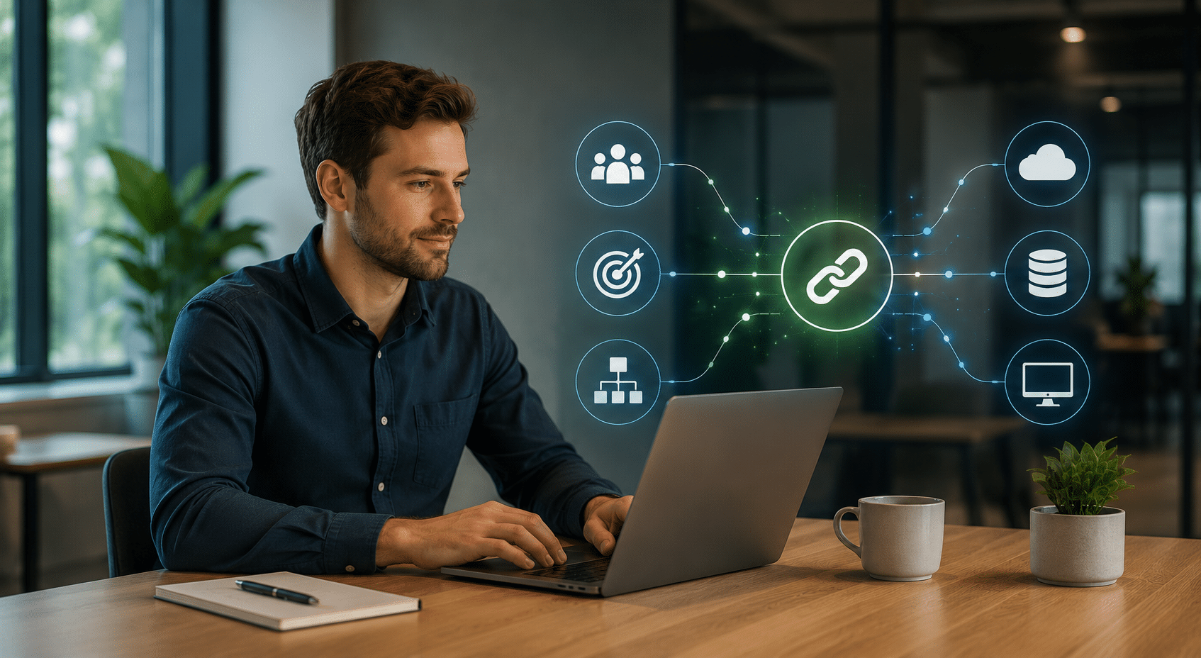 Professional werkt op een laptop in een modern kantoor, met abstracte iconen die de verbinding tussen businessprocessen en IT-systemen tonen.