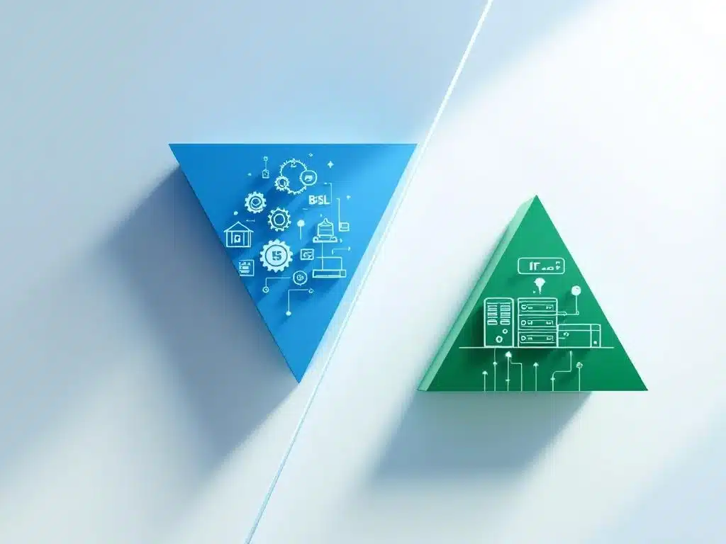 Gesplitst scherm met een blauwe driehoek met BiSL-bedrijfsiconen en een groene driehoek met IT-infrastructuurelementen, gescheiden door een witte lijn.