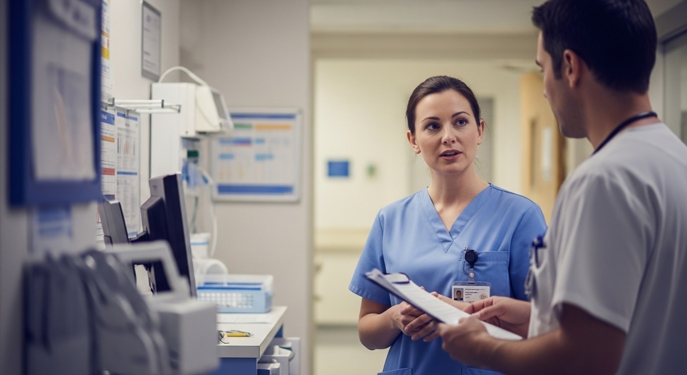 een verpleegster die in gesprek is met een dokter over een dossier