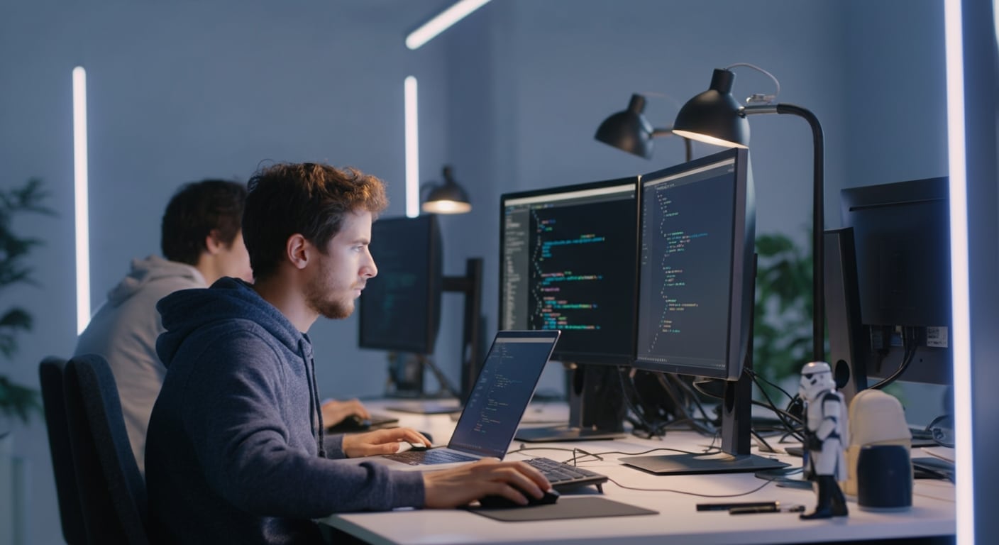 2 developers werken aan codes achter hun bureau