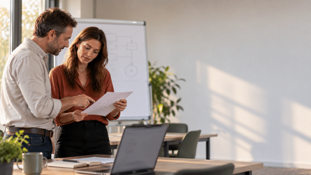 IT-professional en trainer bespreken samen MD-102 in een trainingsruimte.