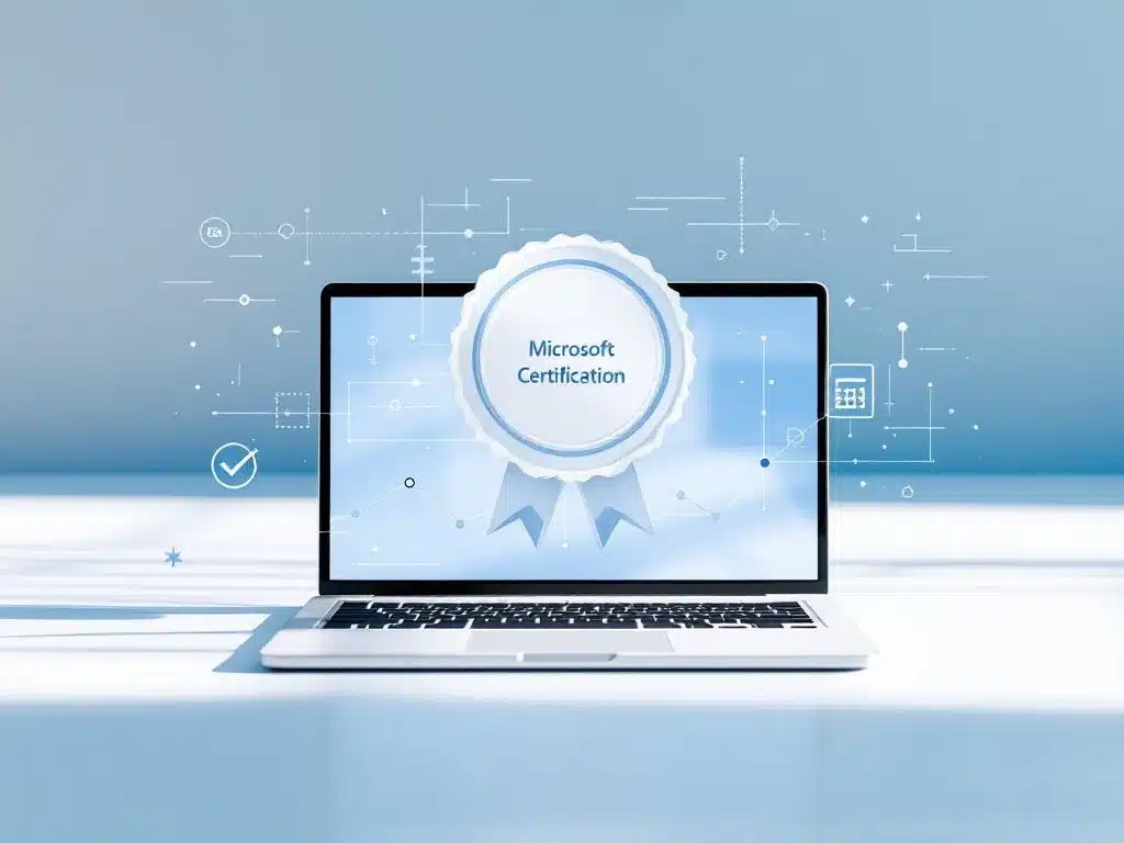 Microsoft certificeringbadge zweeft boven laptop met digitale leervisualisatie en kostenrekensymbool op blauwe achtergrond