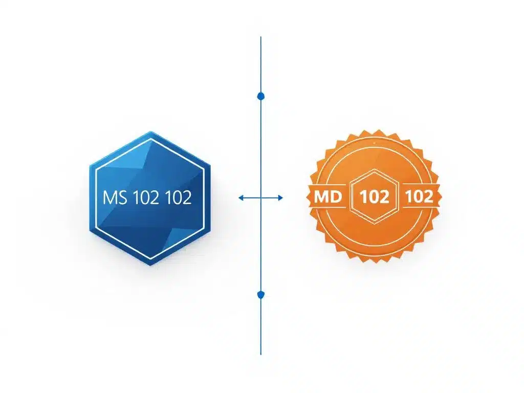 Vergelijking van MS 102 en MD 102 Microsoft certificeringen met blauwe zeshoekige en oranje ronde badges op witte achtergrond