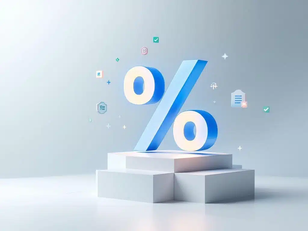 Groot blauw percentagesymbool zweeft boven geometrisch oppervlak met certificatiebadges en vinkjes op witte achtergrond