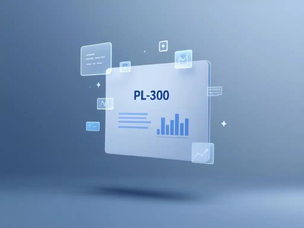 PL-300 Microsoft Power BI certificaat zwevend in 3D-ruimte met dashboardelementen en blauwe gradiënt achtergrond