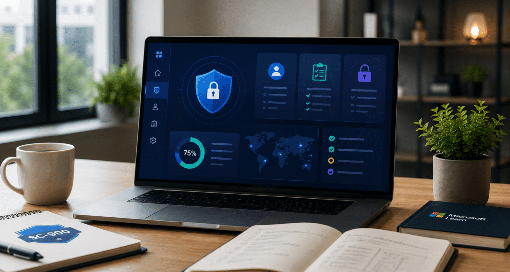 Modern bureau met scherm waarop een abstract security-, compliance- en identity-dashboard voor Microsoft SC-900 examenvoorbereiding te zien is.