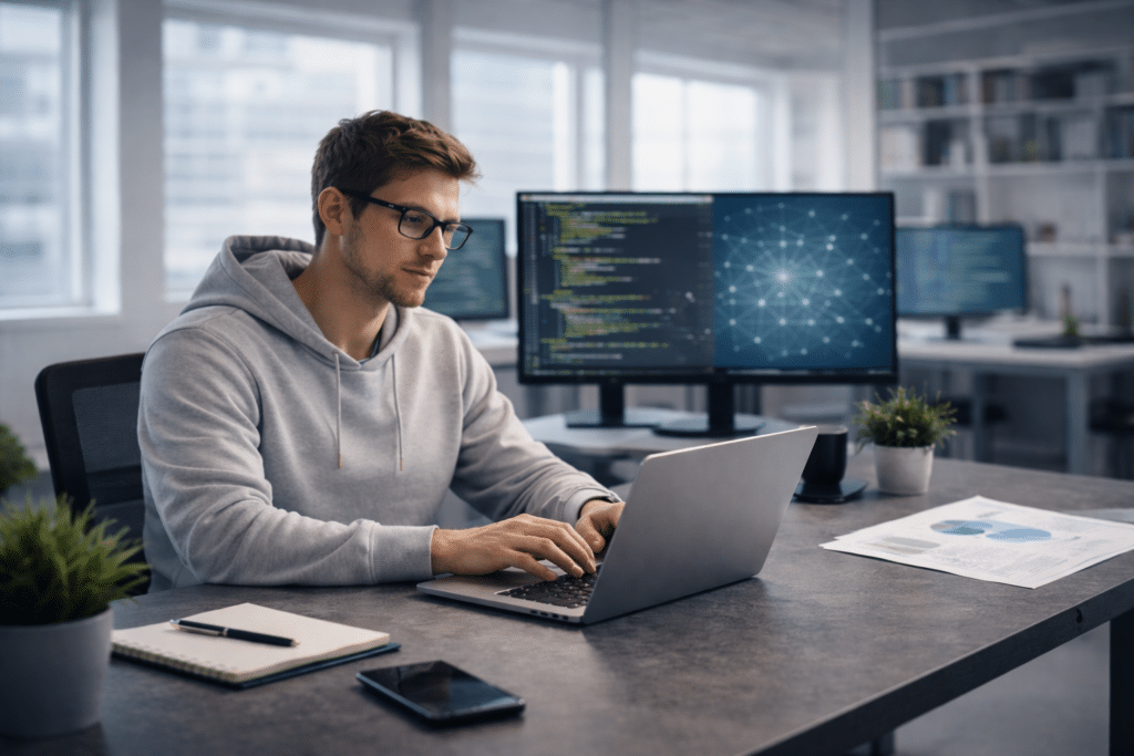 Fotorealistische banner van een ethische hacker die werkt op een laptop in een rustige, lichte kantooromgeving met schermen, code en een opgeruimd bureau.