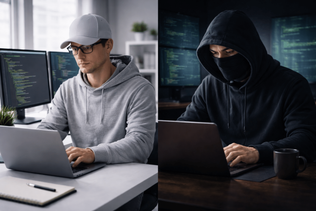 Fotorealistische afbeelding van een ethische hacker in een lichte kantooromgeving naast een niet-ethische hacker in een donkere setting, beide werkend op een laptop zonder zichtbare logo’s of tekst.