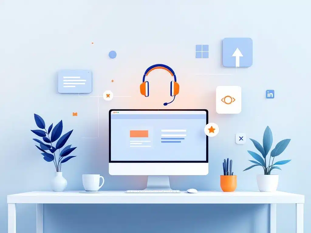 Moderne computerwerkplek met headset en helpdesk ondersteuningssymbolen in blauw-wit design met oranje accenten