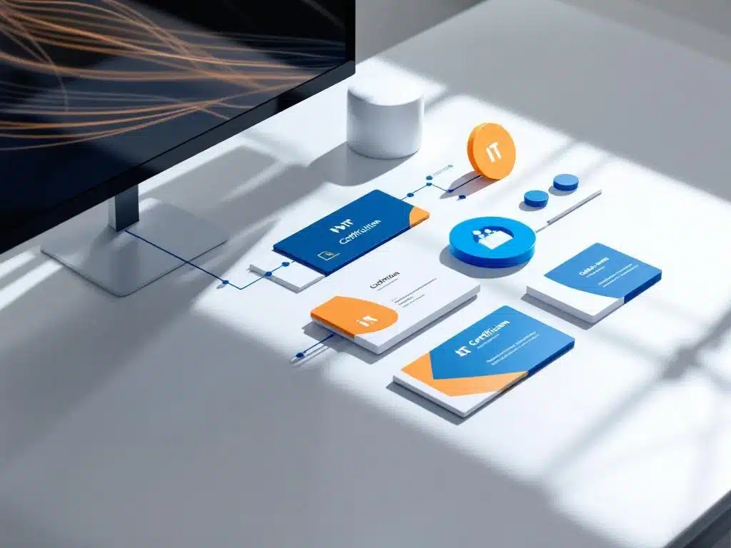 Wit bureau met zwevende IT-certificeringsbadges in blauw en oranje, computermonitor silhouet, professionele workspace
