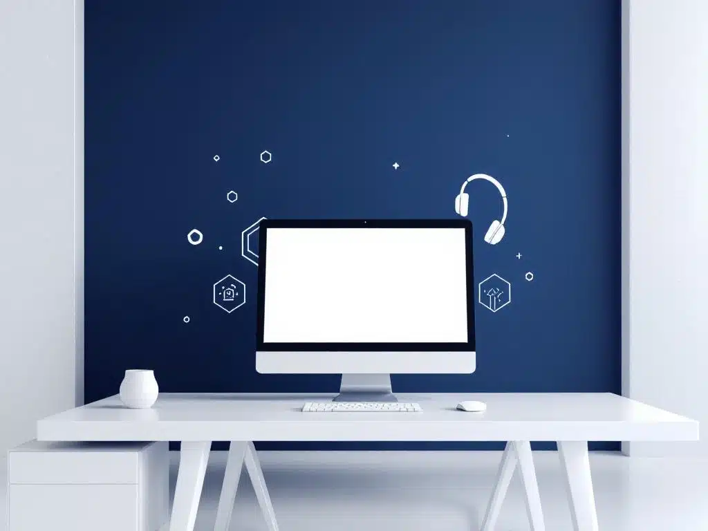 Moderne IT-werkplek met computer, headset en geometrische vormen op blauwe achtergrond voor digitale training