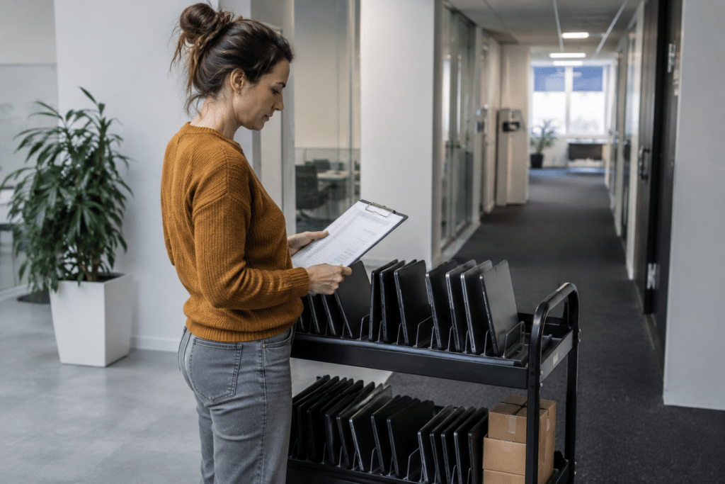 Beheerder controleert een lijst naast een kar met laptops die klaarstaan voor uitgifte.