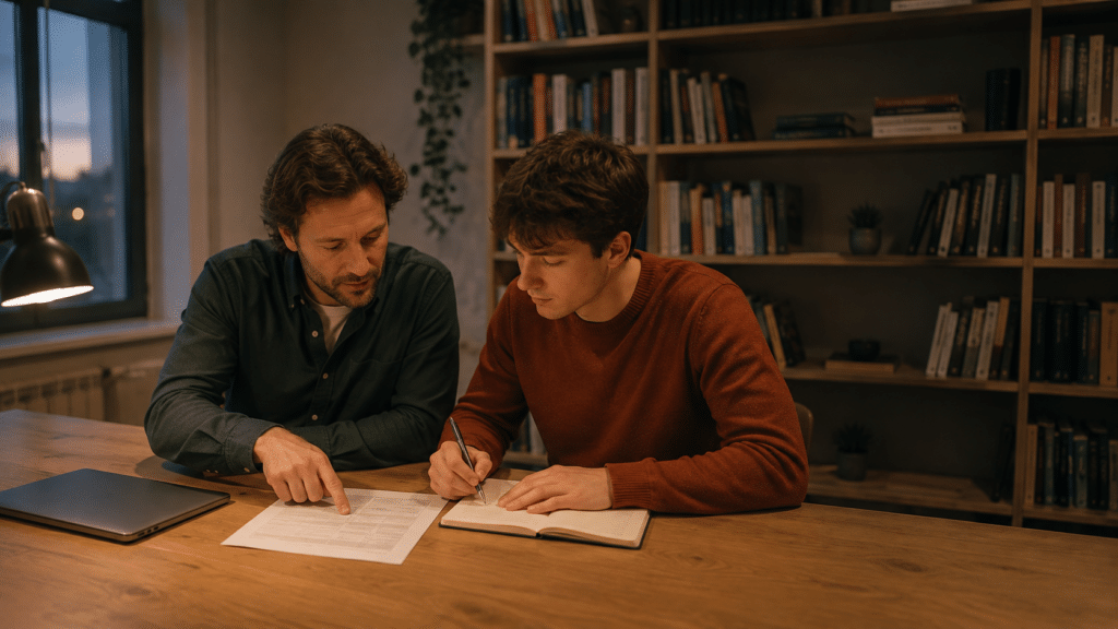 Trainer en cursist nemen in een rustige studieruimte bij avondlicht samen een uitgeprint schema door, met een notitieblok en een dichtgeklapte laptop op tafel.