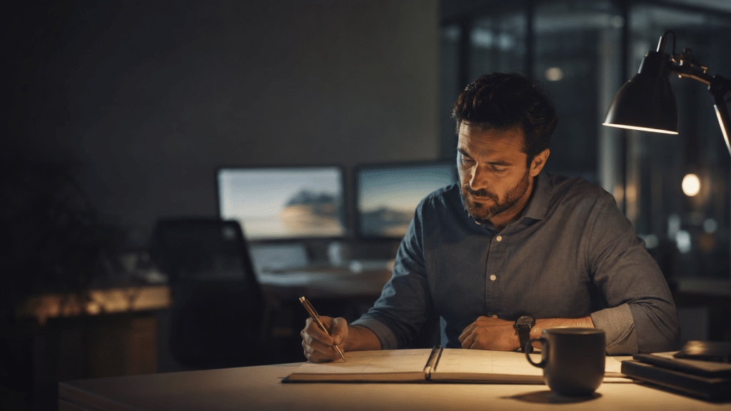 IT-professional zit 's avonds alleen aan een bureau in een leeg kantoor en plant met een pen in de hand data in een papieren agenda, met onscherpe schermen op de achtergrond.