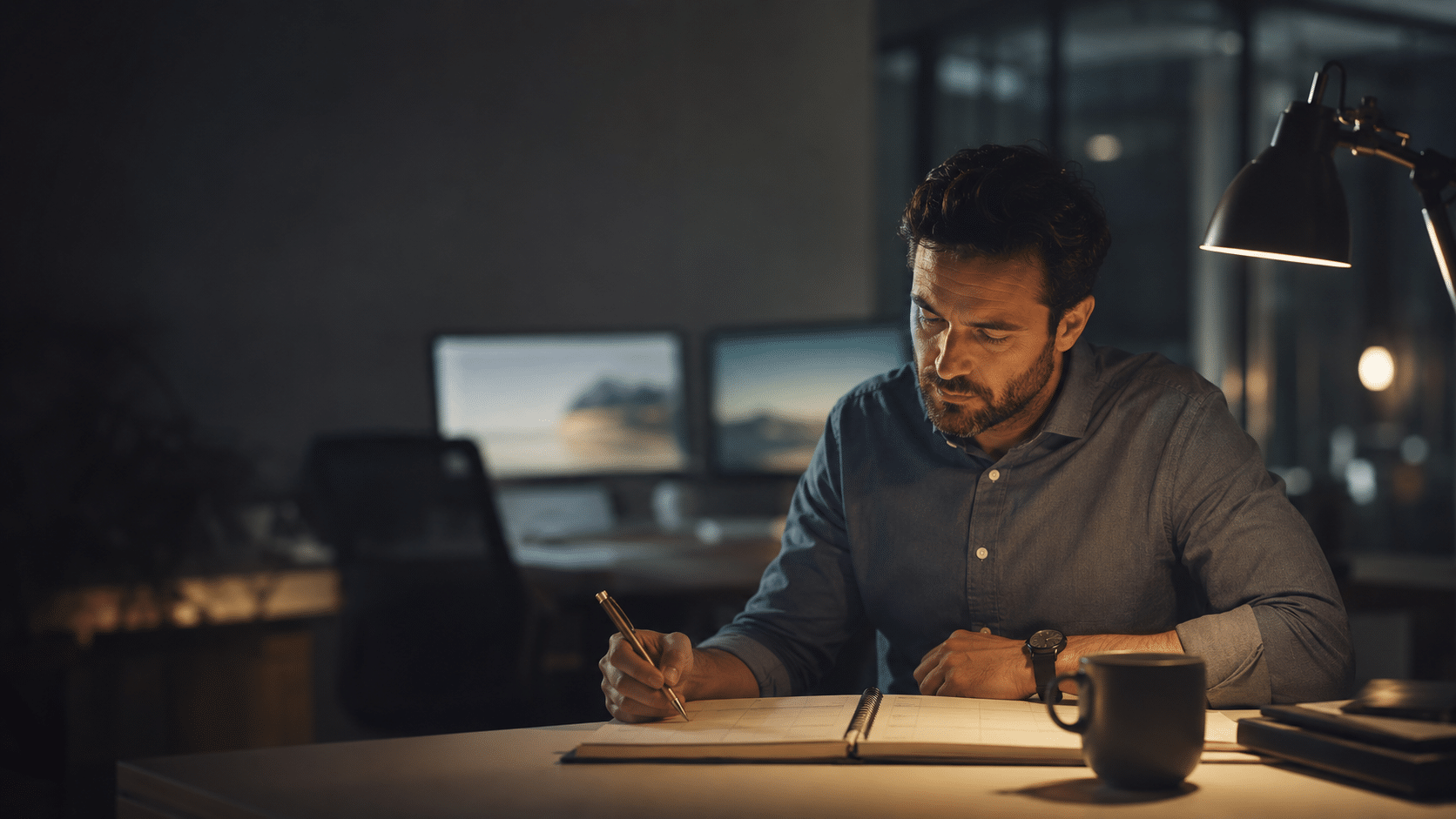 IT-professional zit 's avonds alleen aan een bureau in een leeg kantoor en plant met een pen in de hand data in een papieren agenda, met onscherpe schermen op de achtergrond.