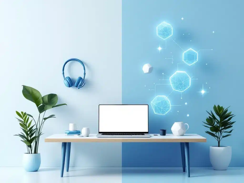 Minimalistische thuiskantoor met laptop en headset naast abstracte blauwe geometrische vormen die digitale connectiviteit tonen