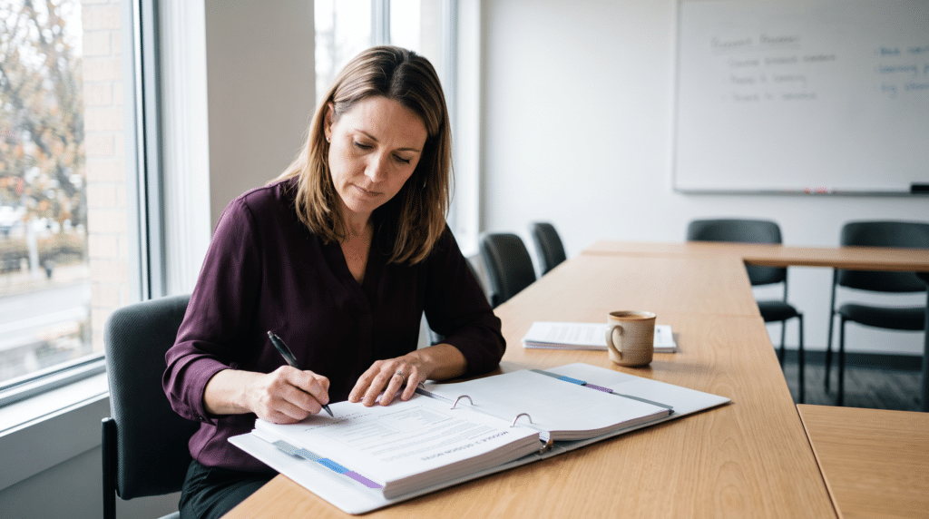 Cursist in aubergine blouse bladert bij het raam van een lichte trainingsruimte door een cursusmap met tabbladen en maakt een aantekening.
