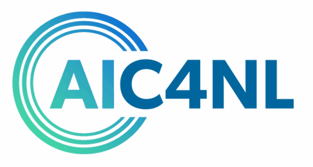 Transparant logo van AIC4NL met blauwe letters.