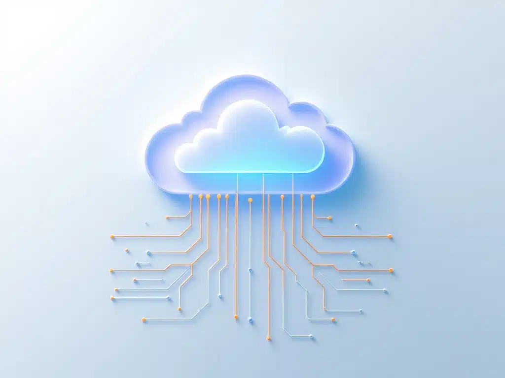Gestileerde cloudicoon met blauwe verloop boven circuit board patroon, oranje accenten, minimalistisch IT onderwijs design