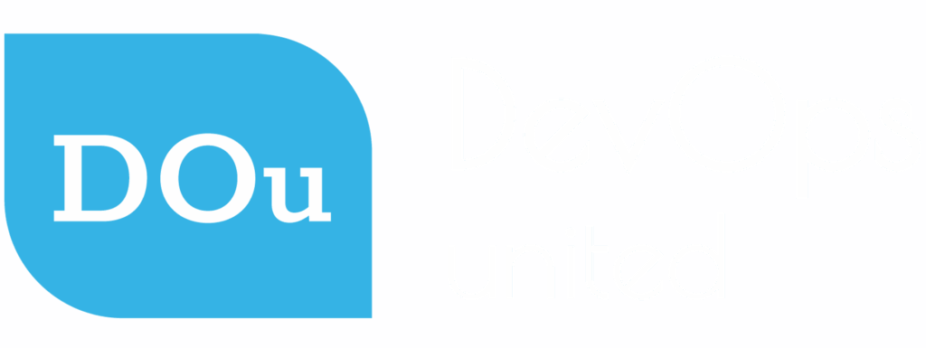 Logo van DevOps United met witte letters op een transparante achtergrond.