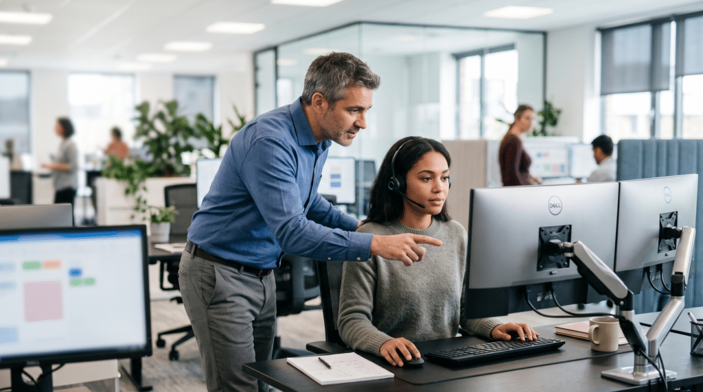 Servicedeskmedewerker met headset achter twee monitoren, terwijl een collega meekijkt en een incident bespreekt.