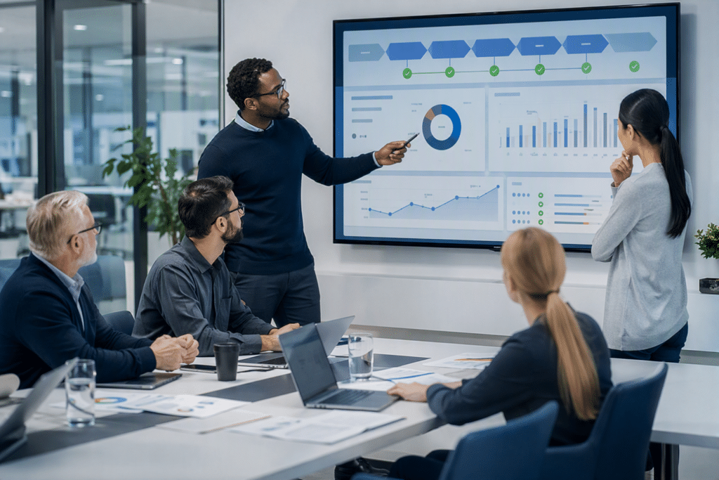 Cross-functioneel IT-team bespreekt een kwaliteitsdashboard met testresultaten, trends en processtappen in een moderne vergaderruimte.