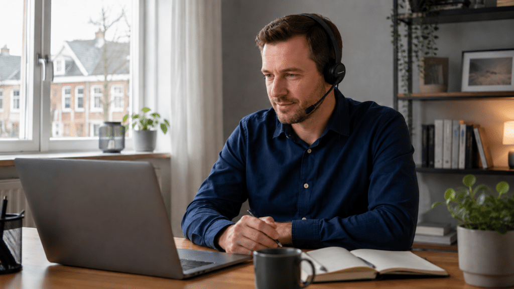 Helpdeskmedewerker met headset werkt thuis achter een laptop in een rustig en net thuiskantoor.